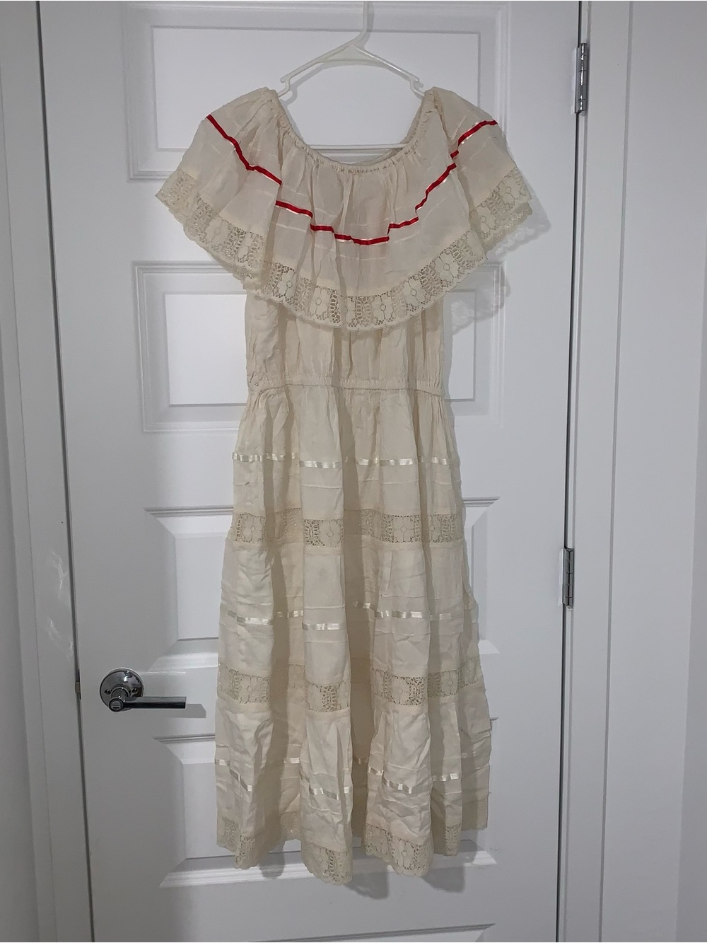Women Other Off-White Ruffled Dress with Red Trim